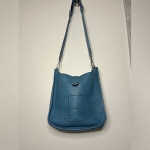 Hermes Clemence Evelyne PM crossbody bag in teal blue